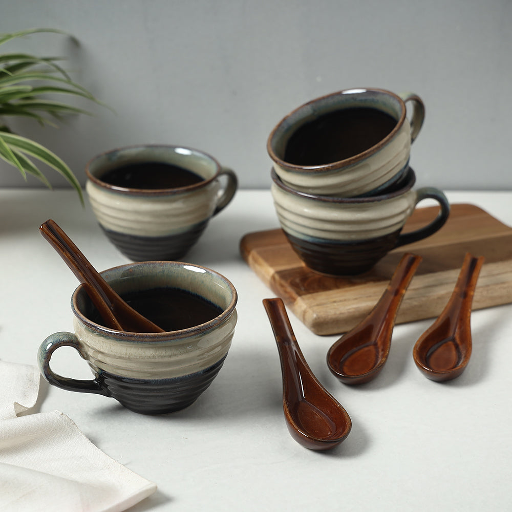 Brown - Ceramic Cups with Spoon (Set of 4, 300 ml)