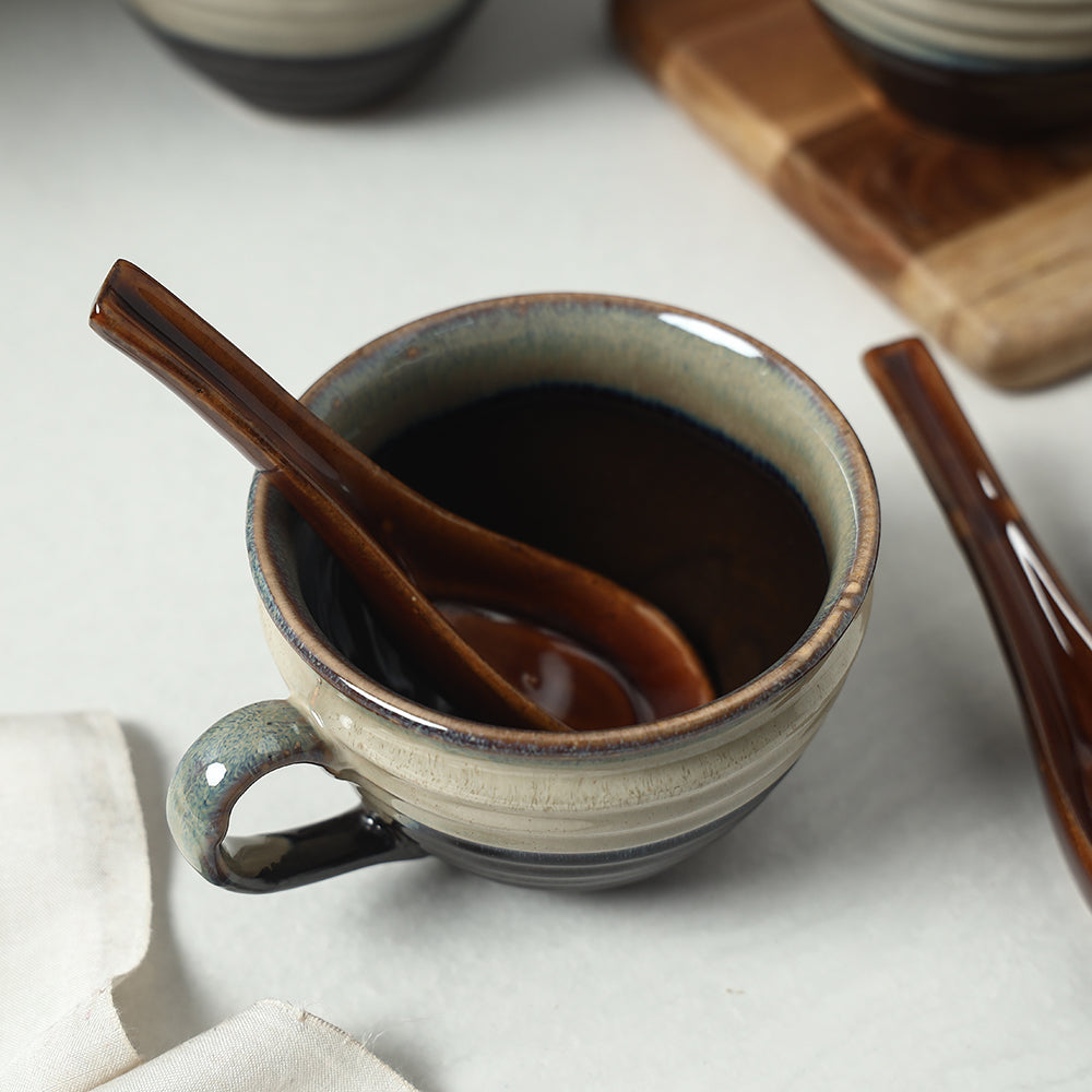 Brown - Ceramic Cups with Spoon (Set of 4, 300 ml)