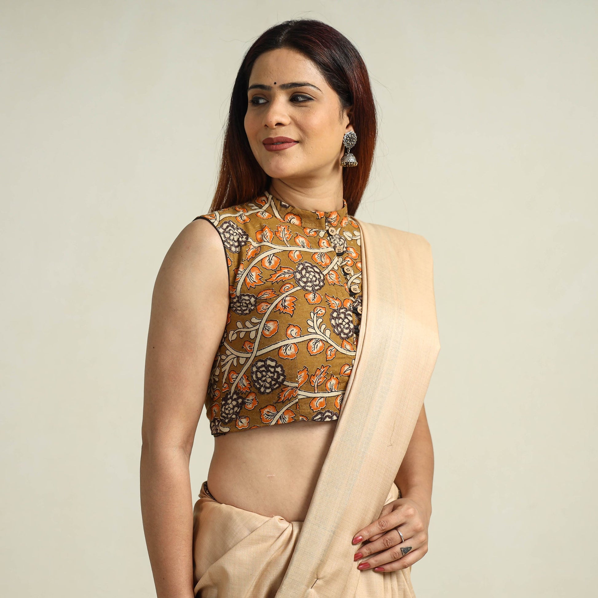 Brown - Kalamkari Printed Cotton Stitched Blouse 01