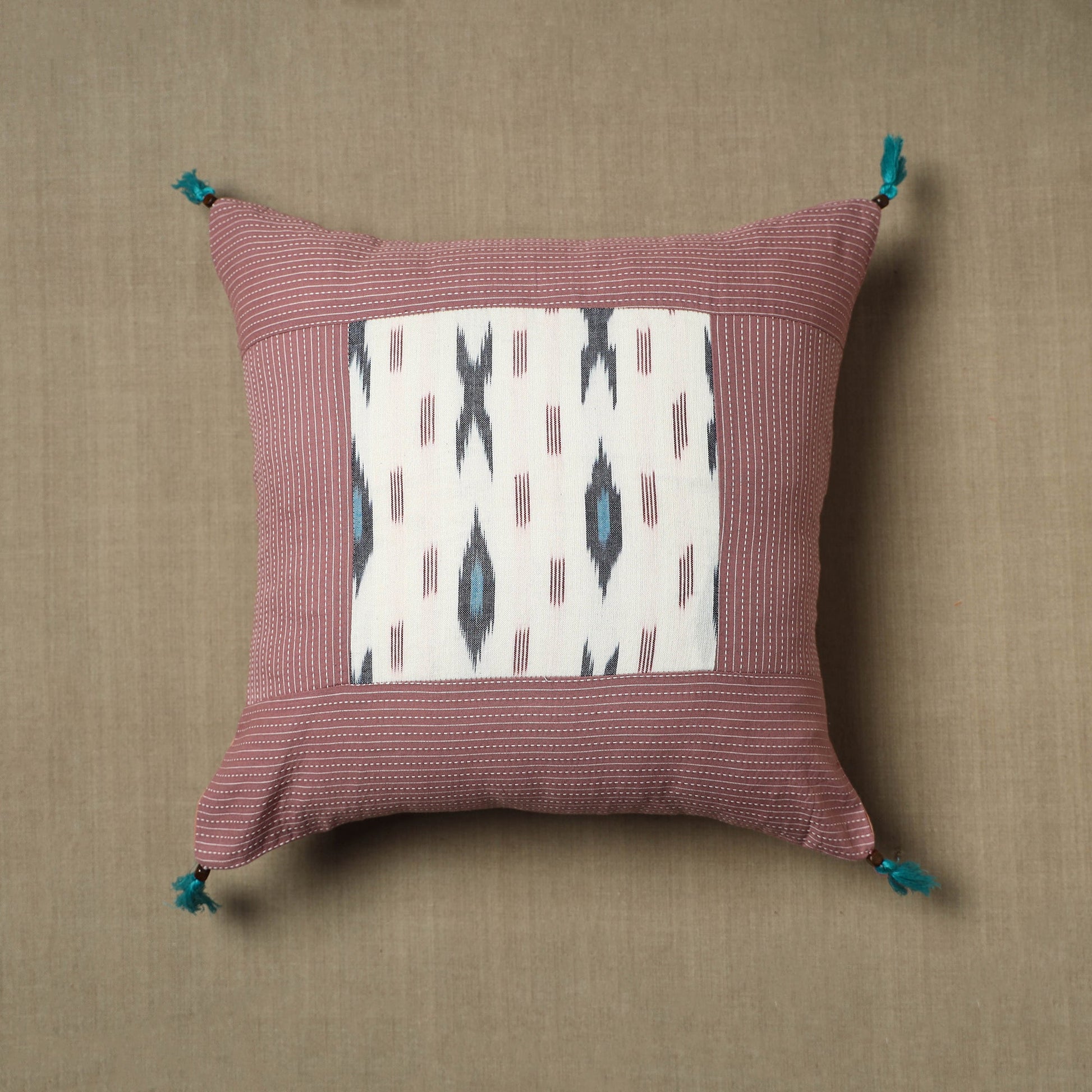 Brown - Kantha Stitch Ikat Cotton Cushion Cover (16 x 16 in) 05