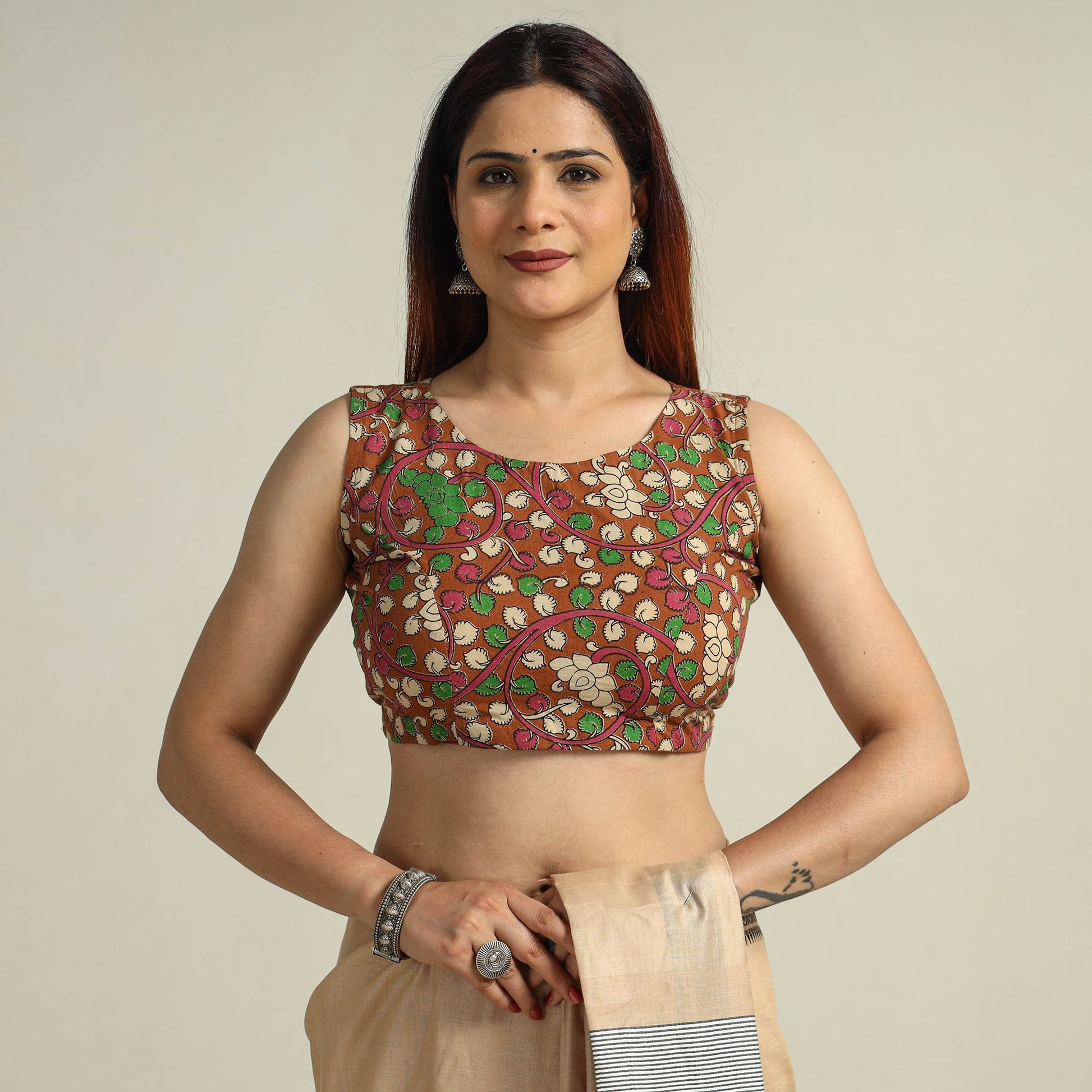 Brown - Kalamkari Printed Cotton Stitched Blouse 10