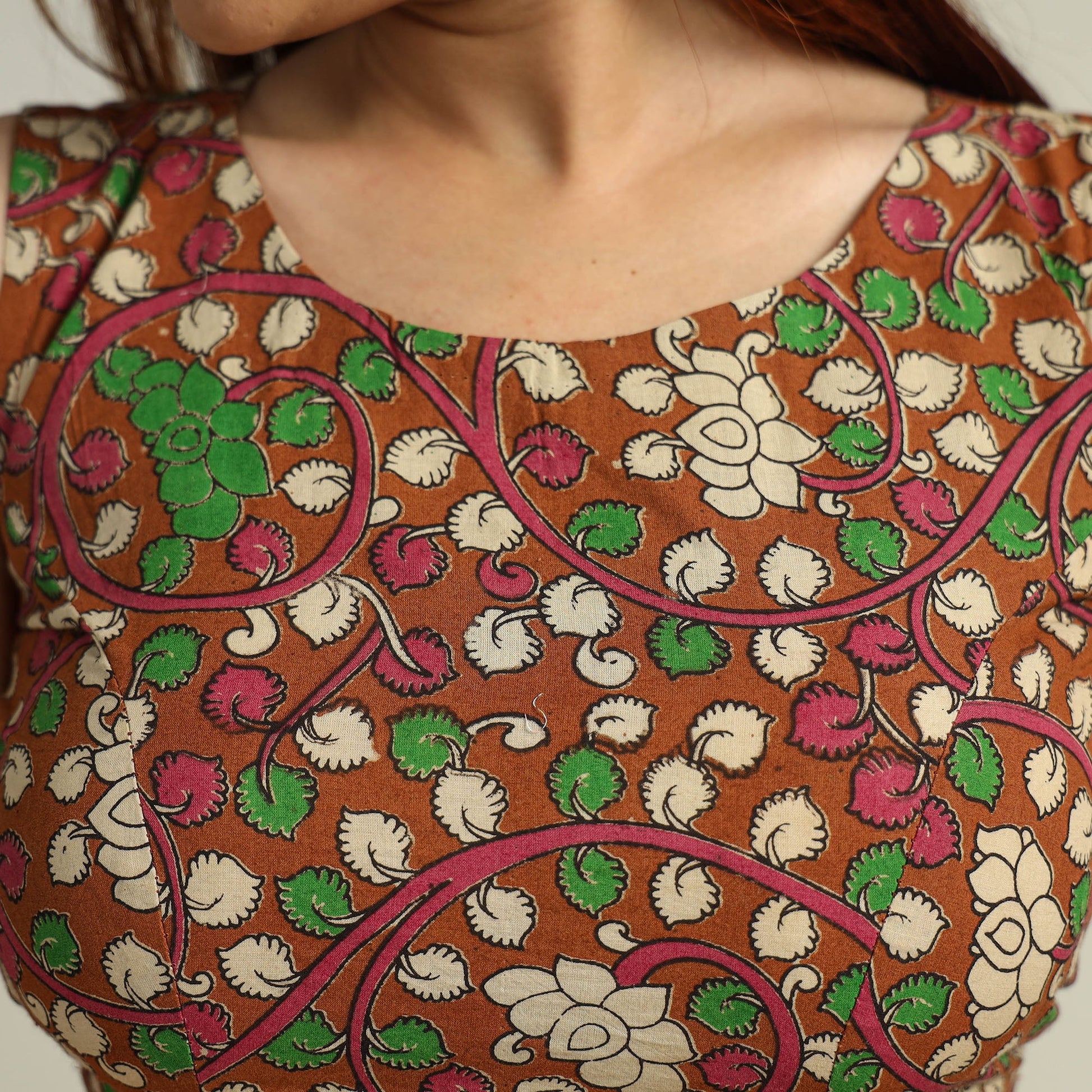 Brown - Kalamkari Printed Cotton Stitched Blouse 10