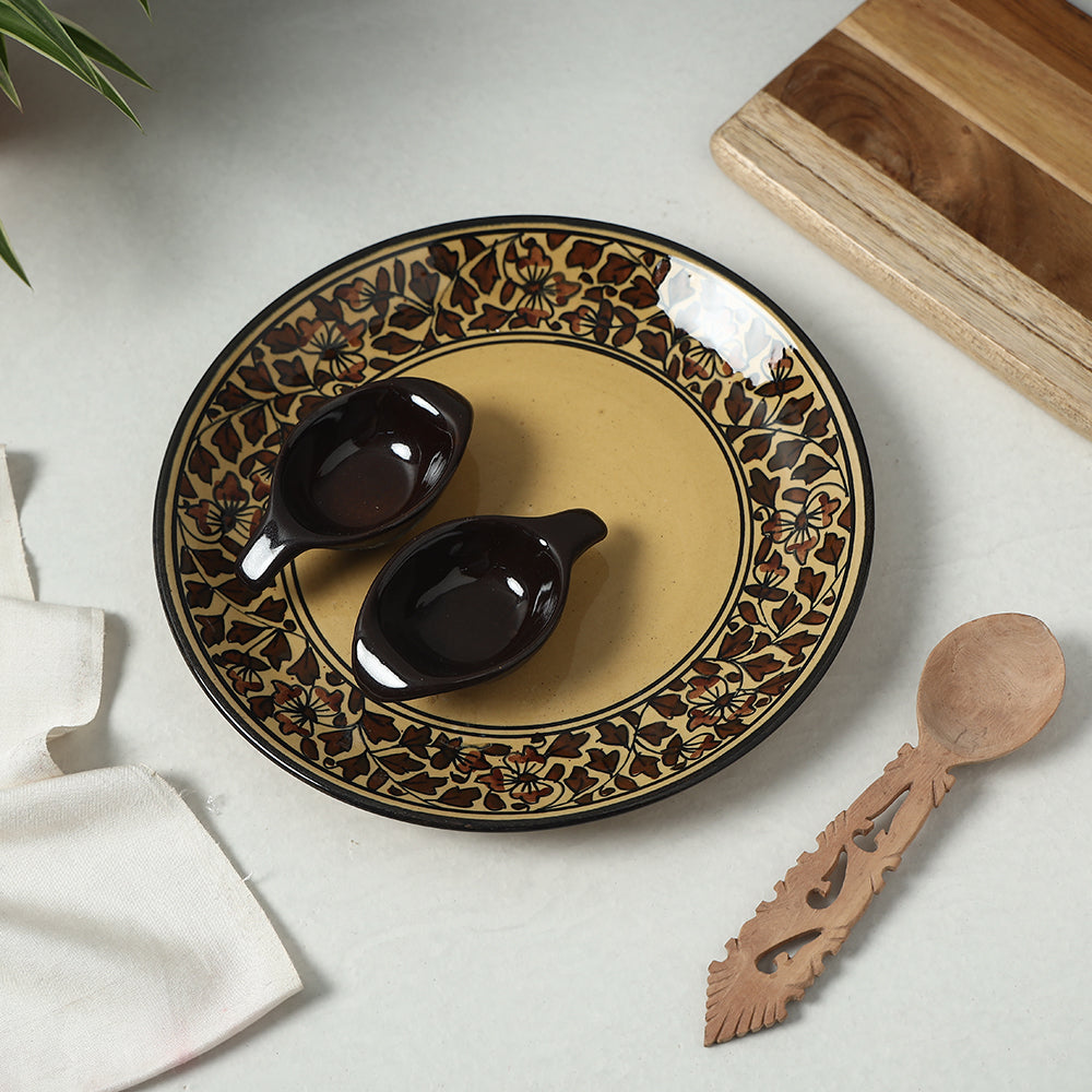 Brown - Handpainted Ceramic Chip-n-Dip Platter with 2 Fixed Dip Bowls