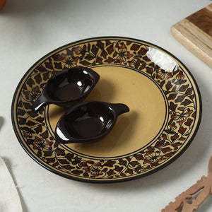 Brown - Handpainted Ceramic Chip-n-Dip Platter with 2 Fixed Dip Bowls