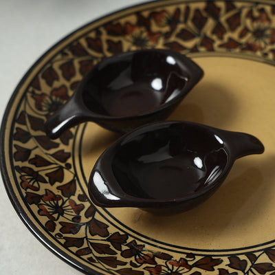 Brown - Handpainted Ceramic Chip-n-Dip Platter with 2 Fixed Dip Bowls