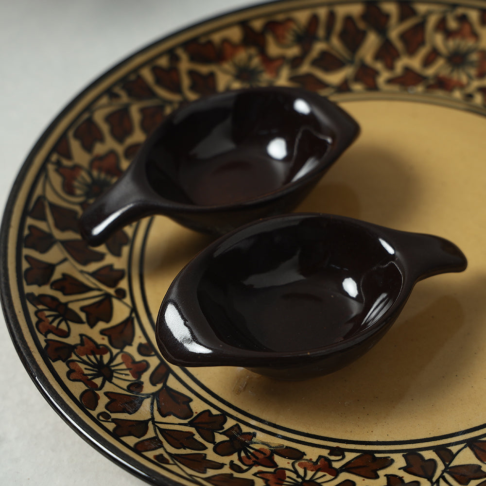 Brown - Handpainted Ceramic Chip-n-Dip Platter with 2 Fixed Dip Bowls