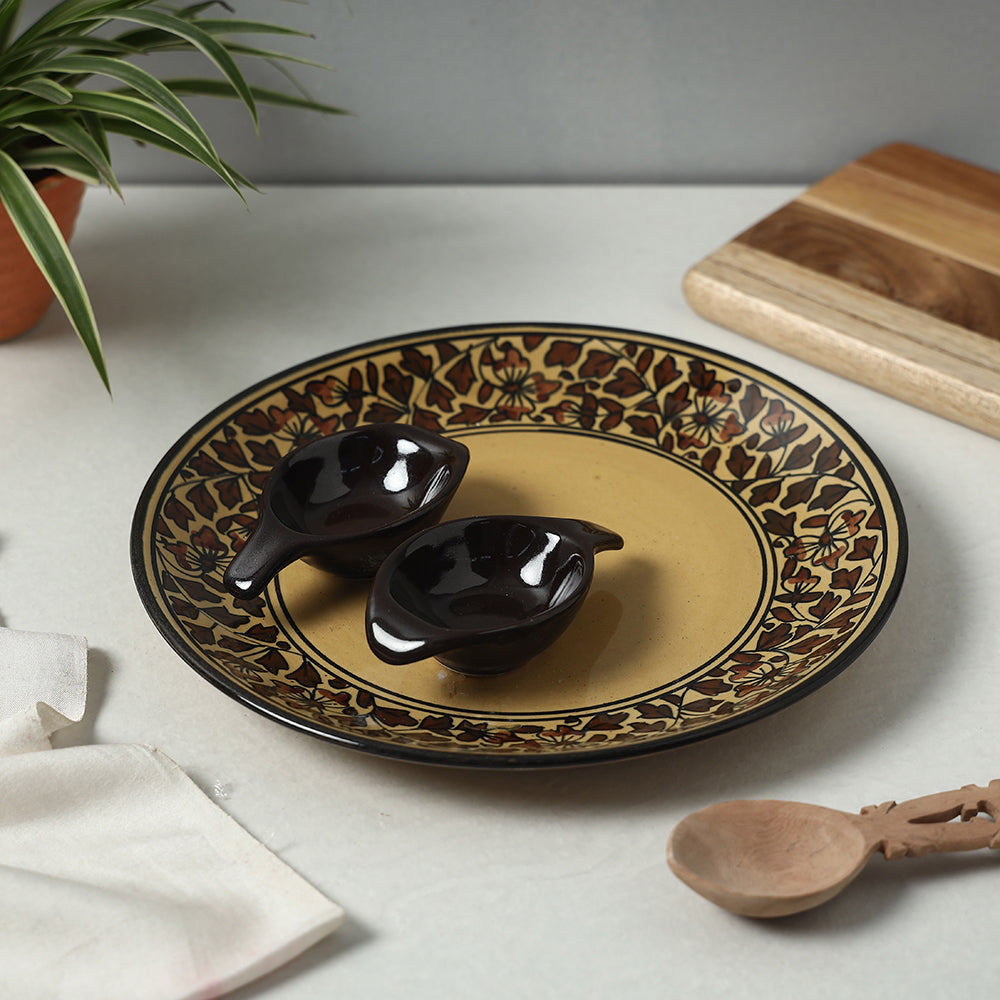 Brown - Handpainted Ceramic Chip-n-Dip Platter with 2 Fixed Dip Bowls