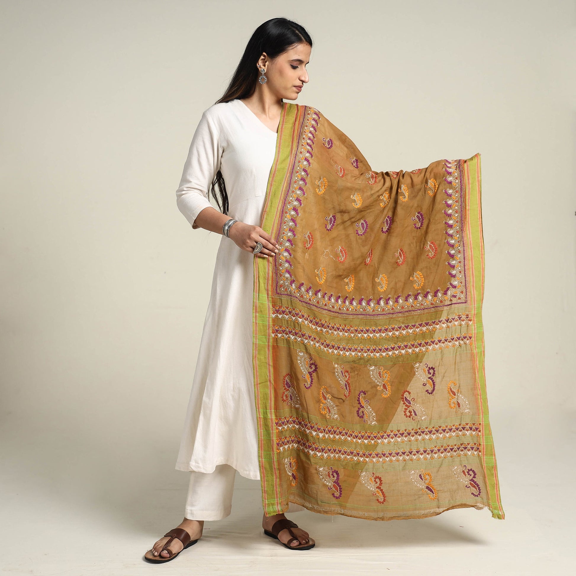 Brown - Bengal Kantha Embroidered Cotton Handloom Dupatta