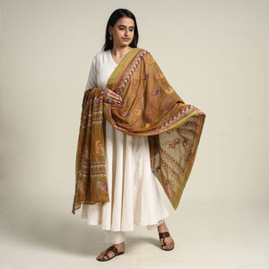 Brown - Bengal Kantha Embroidered Cotton Handloom Dupatta