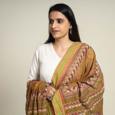 Brown - Bengal Kantha Embroidered Cotton Handloom Dupatta