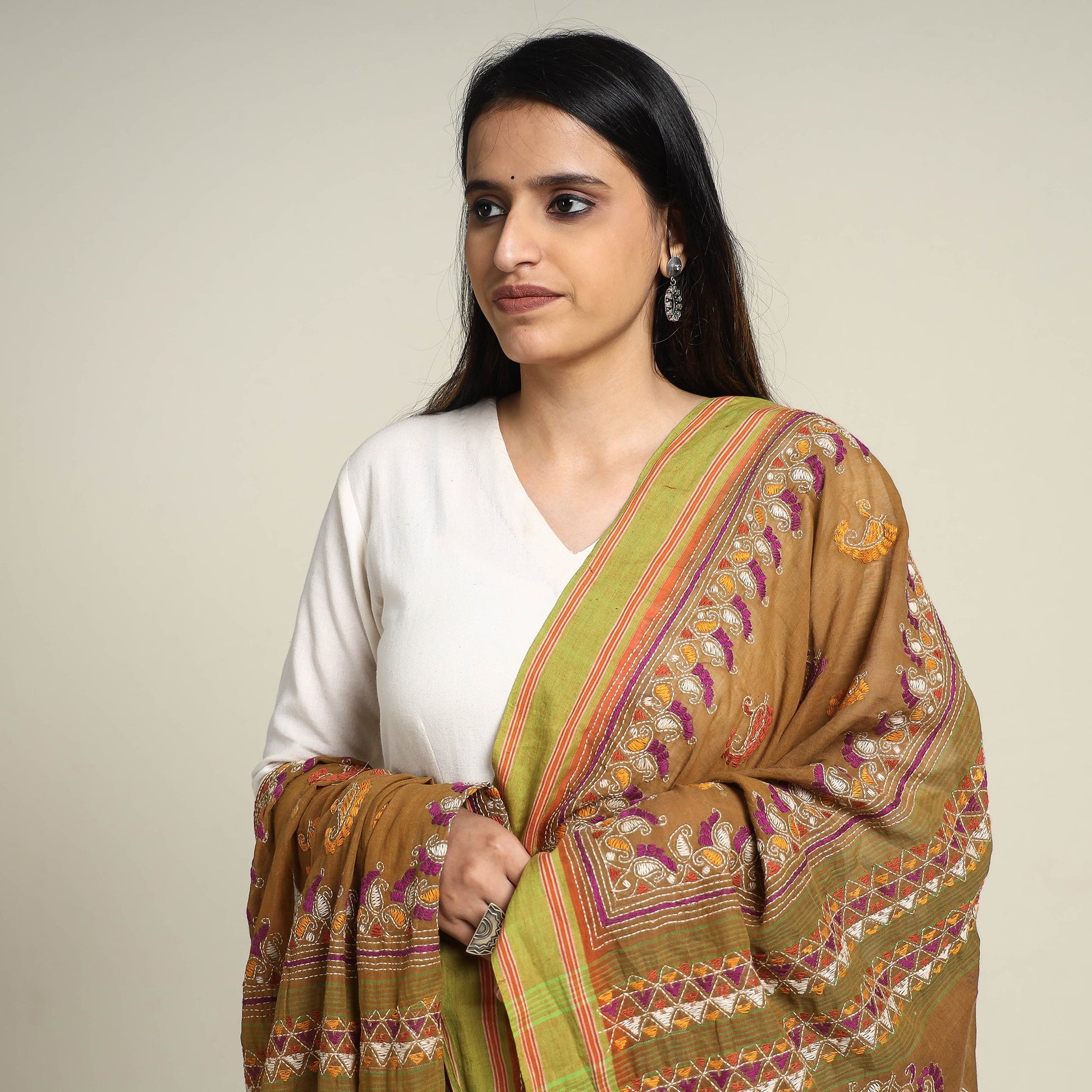 Brown - Bengal Kantha Embroidered Cotton Handloom Dupatta