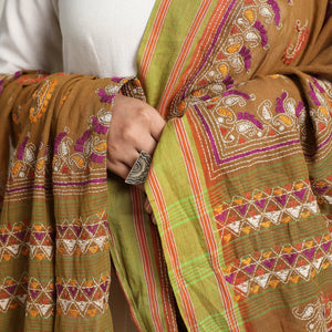 Brown - Bengal Kantha Embroidered Cotton Handloom Dupatta