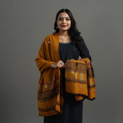 Brown - Kutch Neran Hand Embroidery Mirror Work Woollen Shawl 77