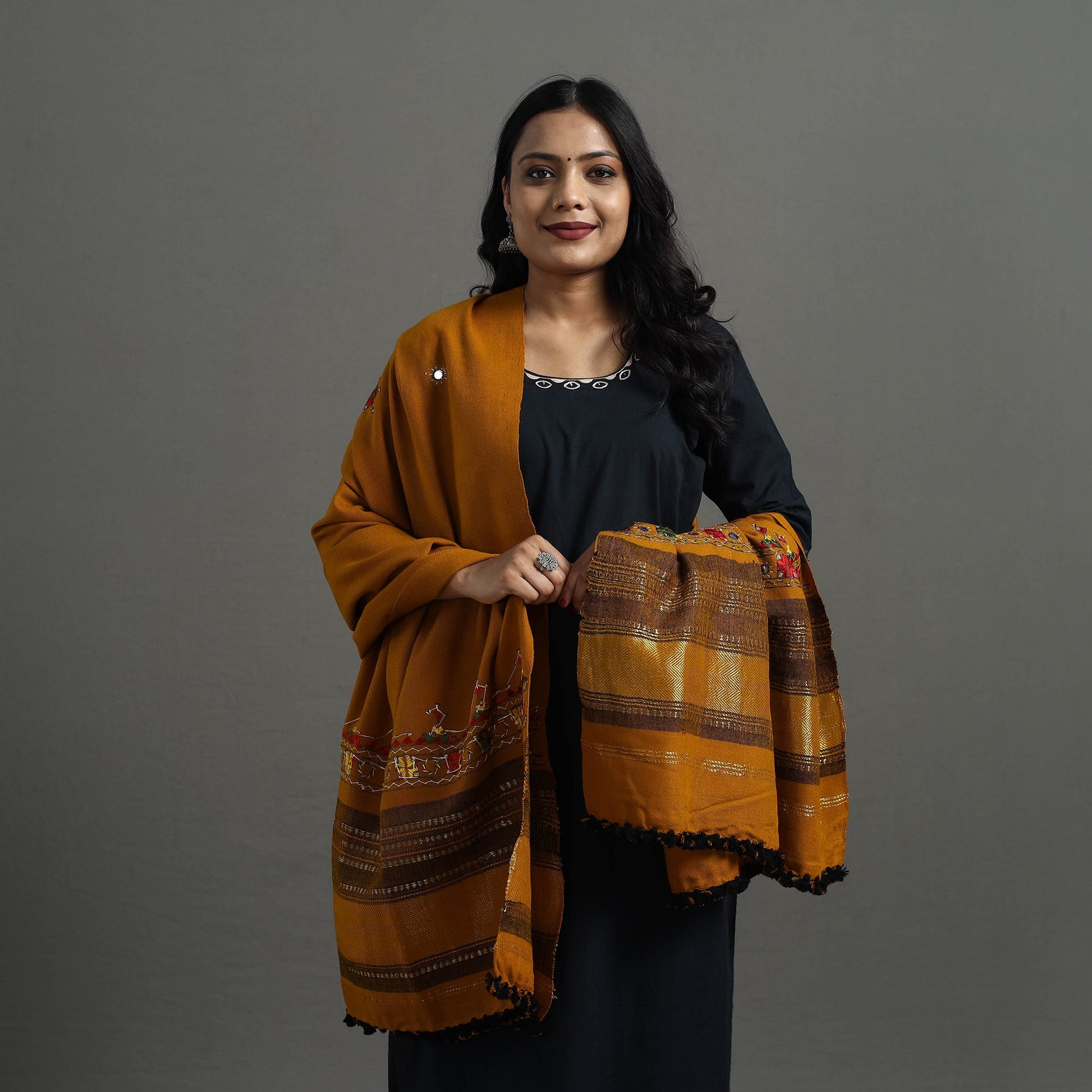 Brown - Kutch Neran Hand Embroidery Mirror Work Woollen Shawl 77