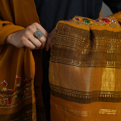 Brown - Kutch Neran Hand Embroidery Mirror Work Woollen Shawl 77