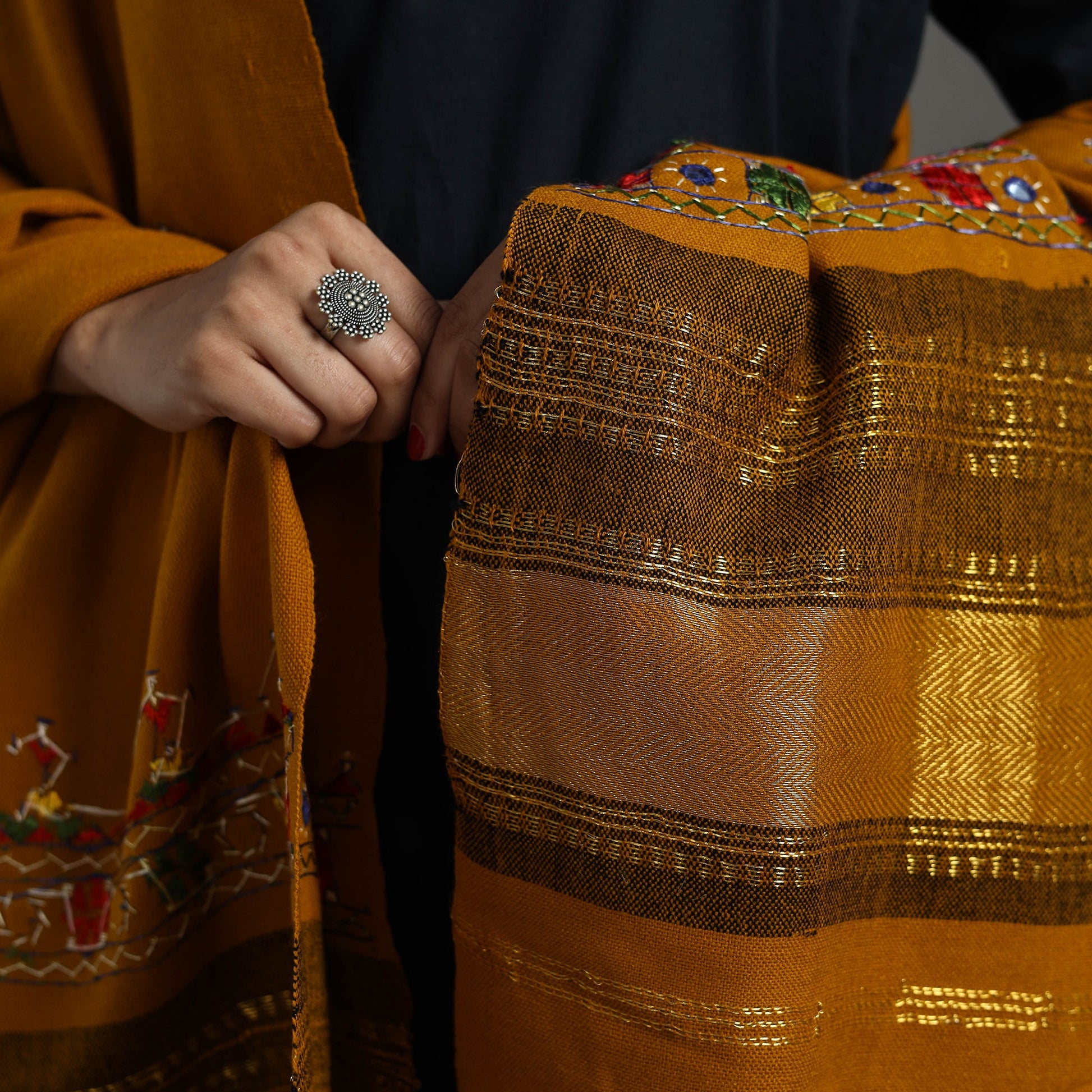 Brown - Kutch Neran Hand Embroidery Mirror Work Woollen Shawl 77