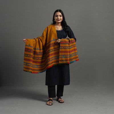 Brown - Kutch Handwoven Mirror Work Woollen Shawl 82
