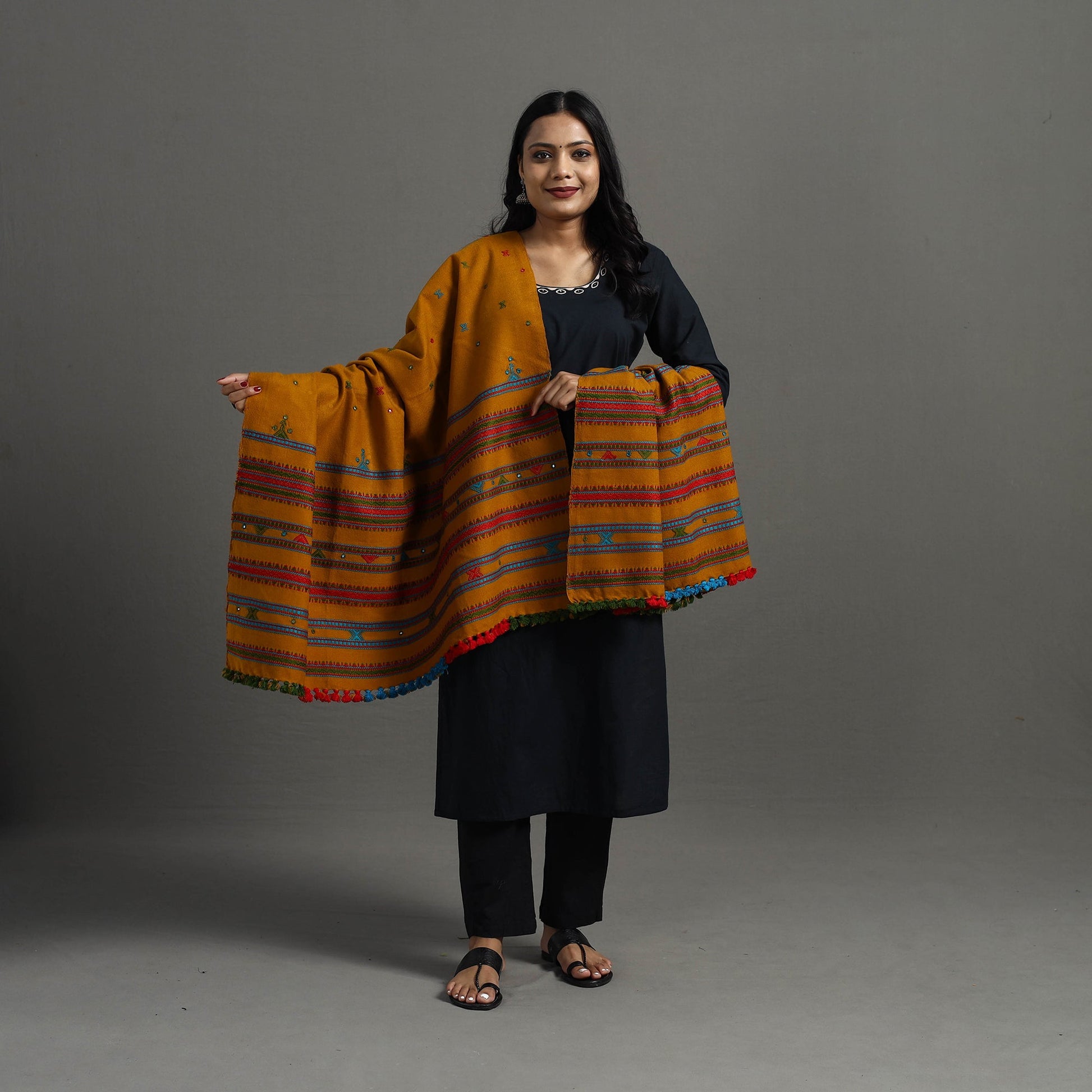 Brown - Kutch Handwoven Mirror Work Woollen Shawl 82