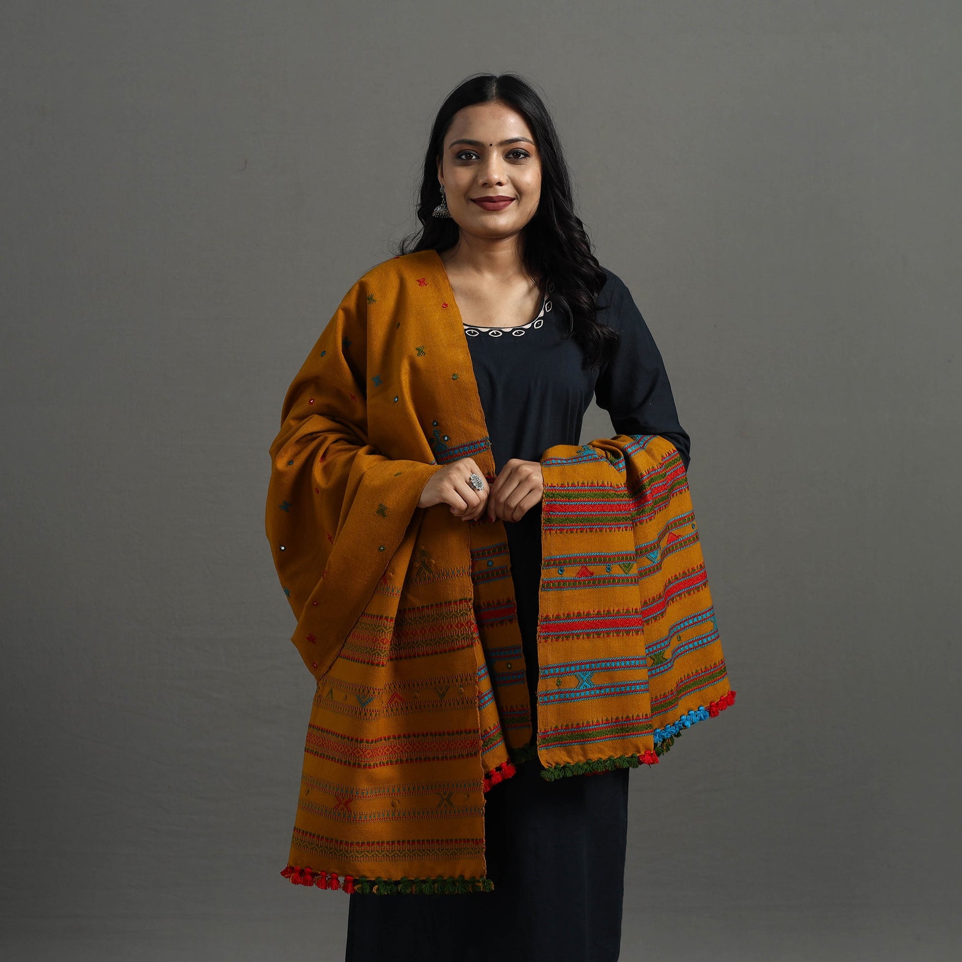 Brown - Kutch Handwoven Mirror Work Woollen Shawl 82