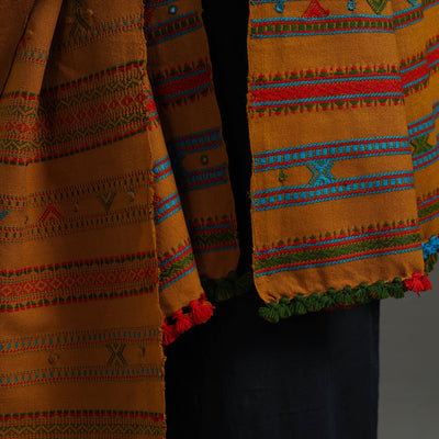 Brown - Kutch Handwoven Mirror Work Woollen Shawl 82