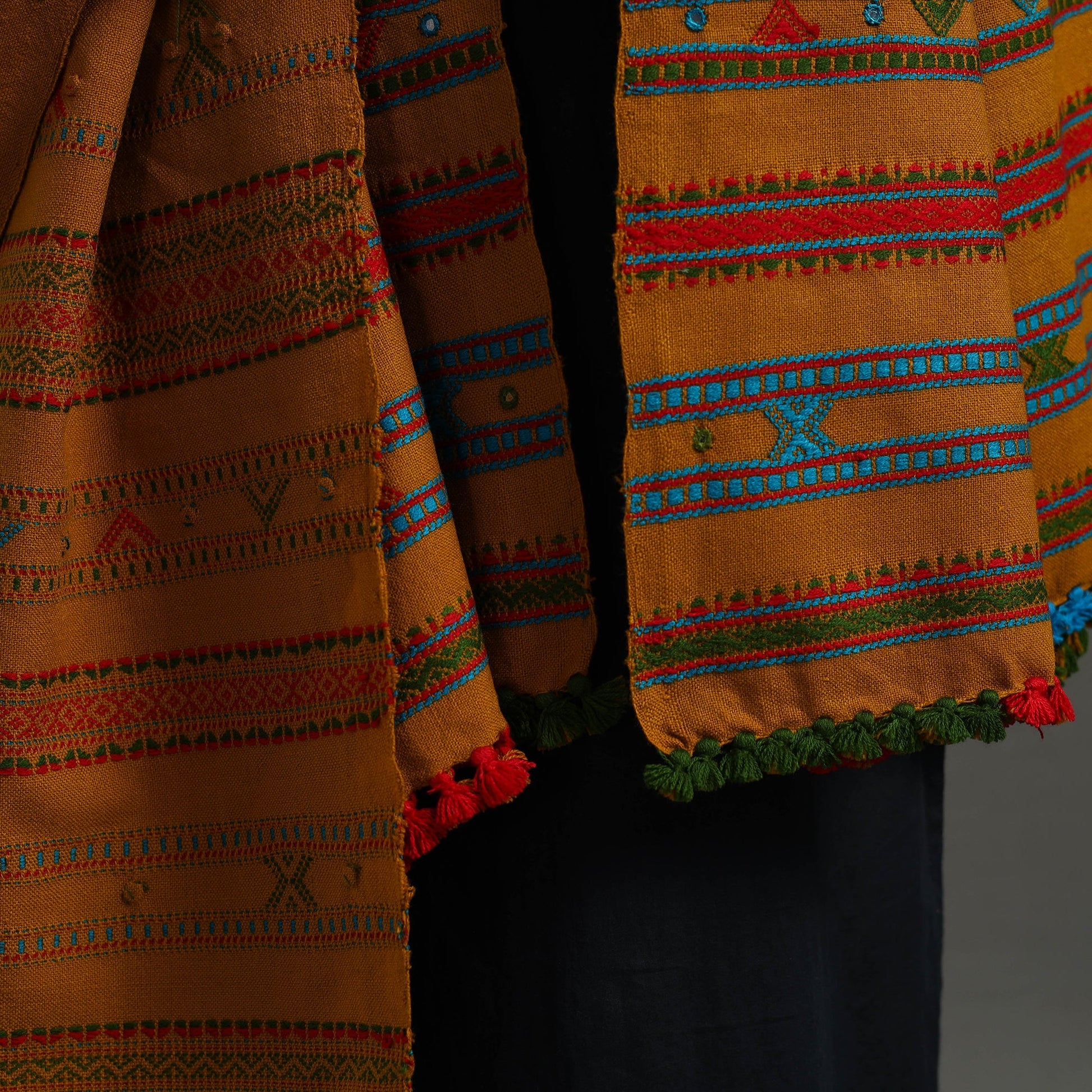 Brown - Kutch Handwoven Mirror Work Woollen Shawl 82