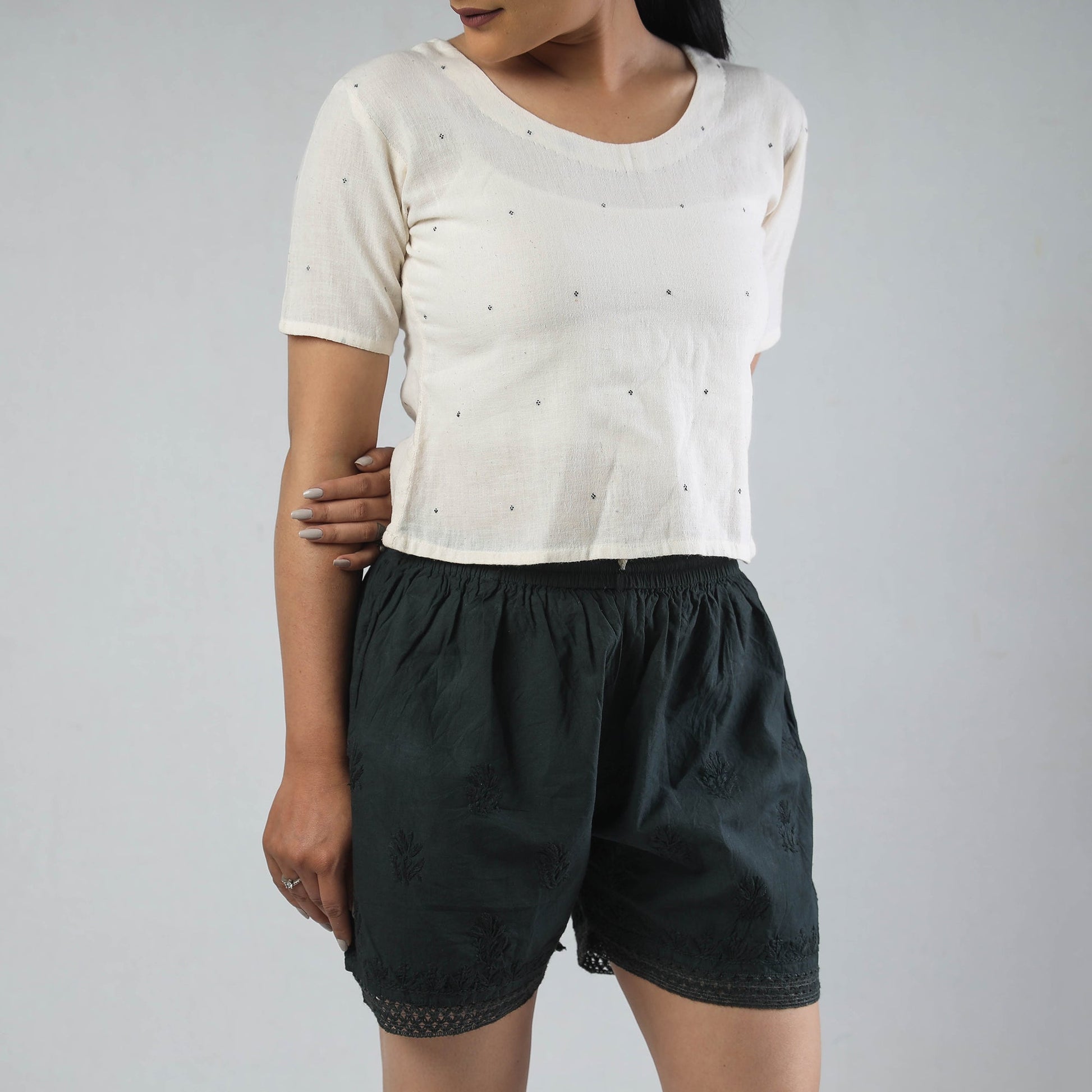 Black - Chikankari Hand Embroidered Cotton Short