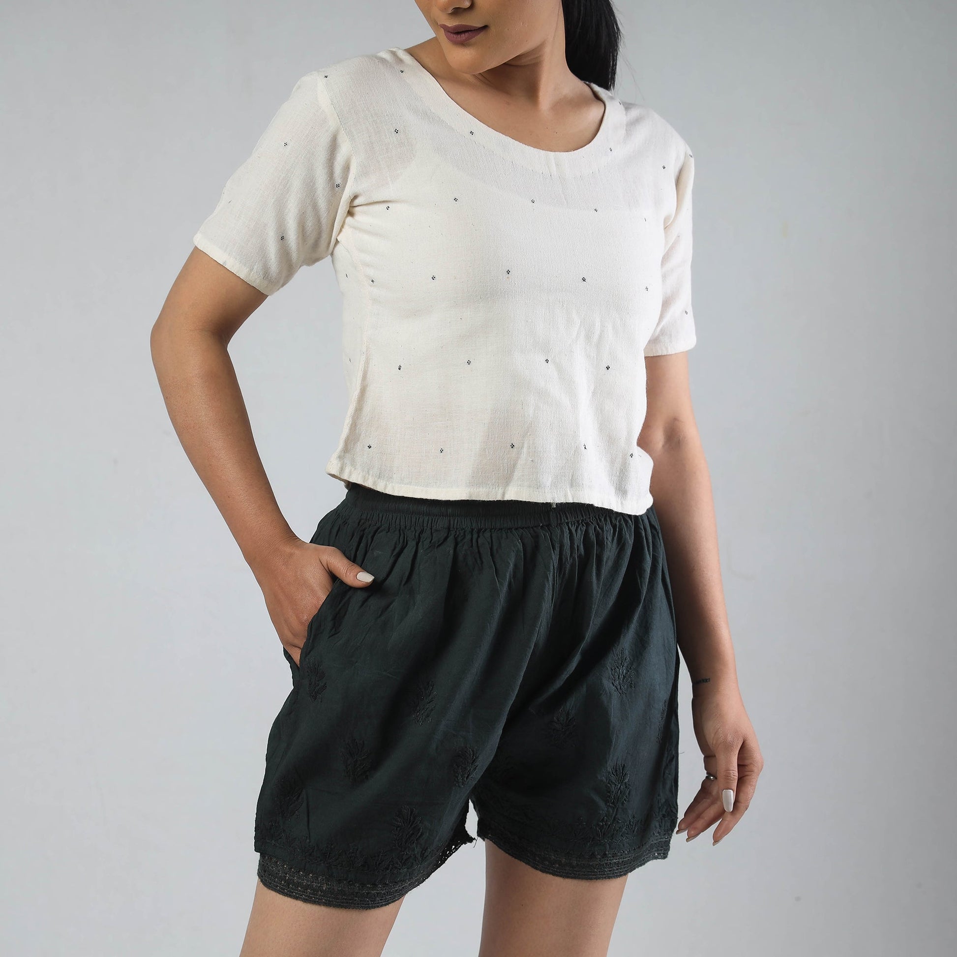 Black - Chikankari Hand Embroidered Cotton Short