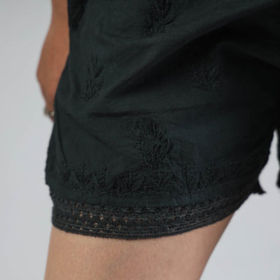 Black - Chikankari Hand Embroidered Cotton Short