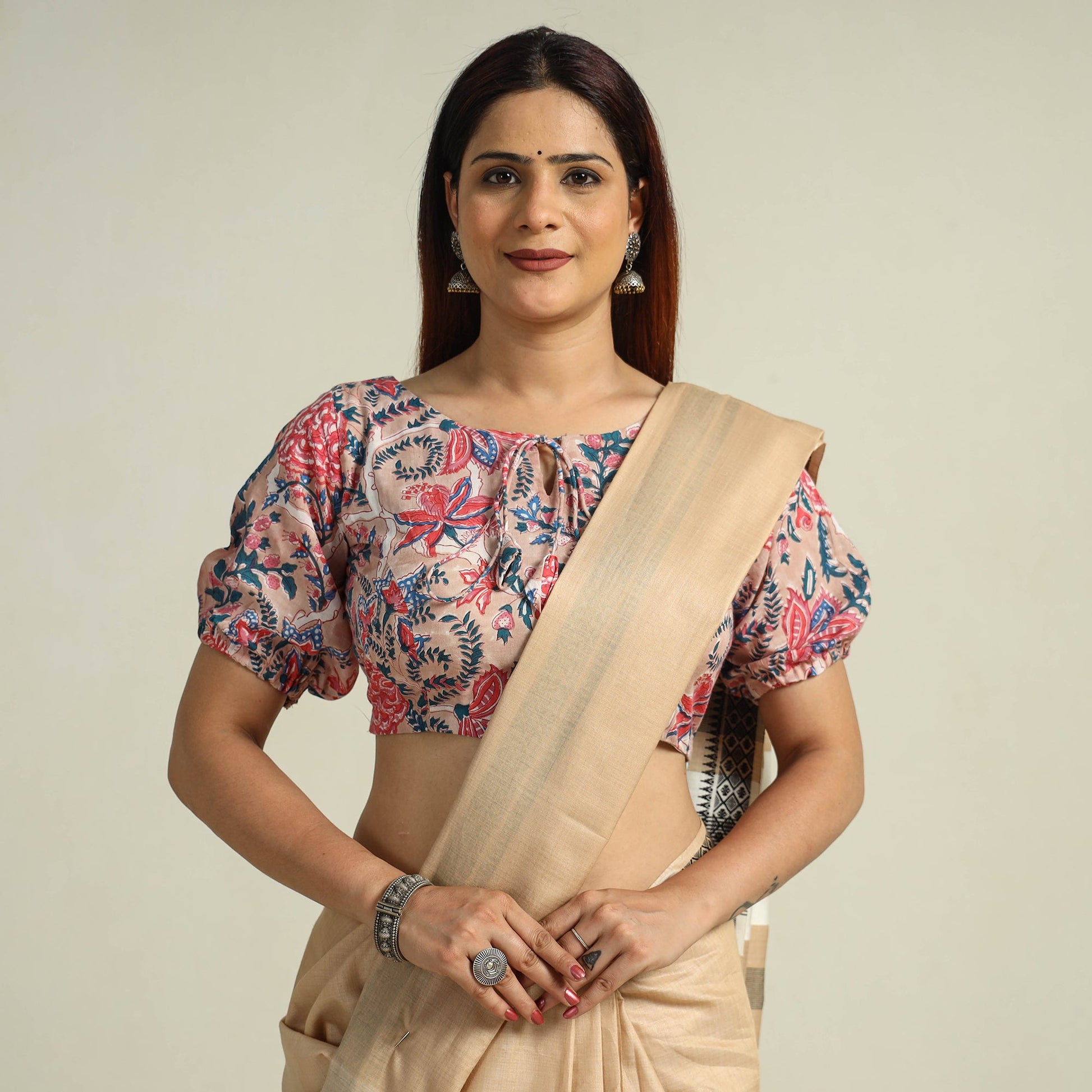Beige - Sanganeri Block Printed Cotton Stitched Blouse 07