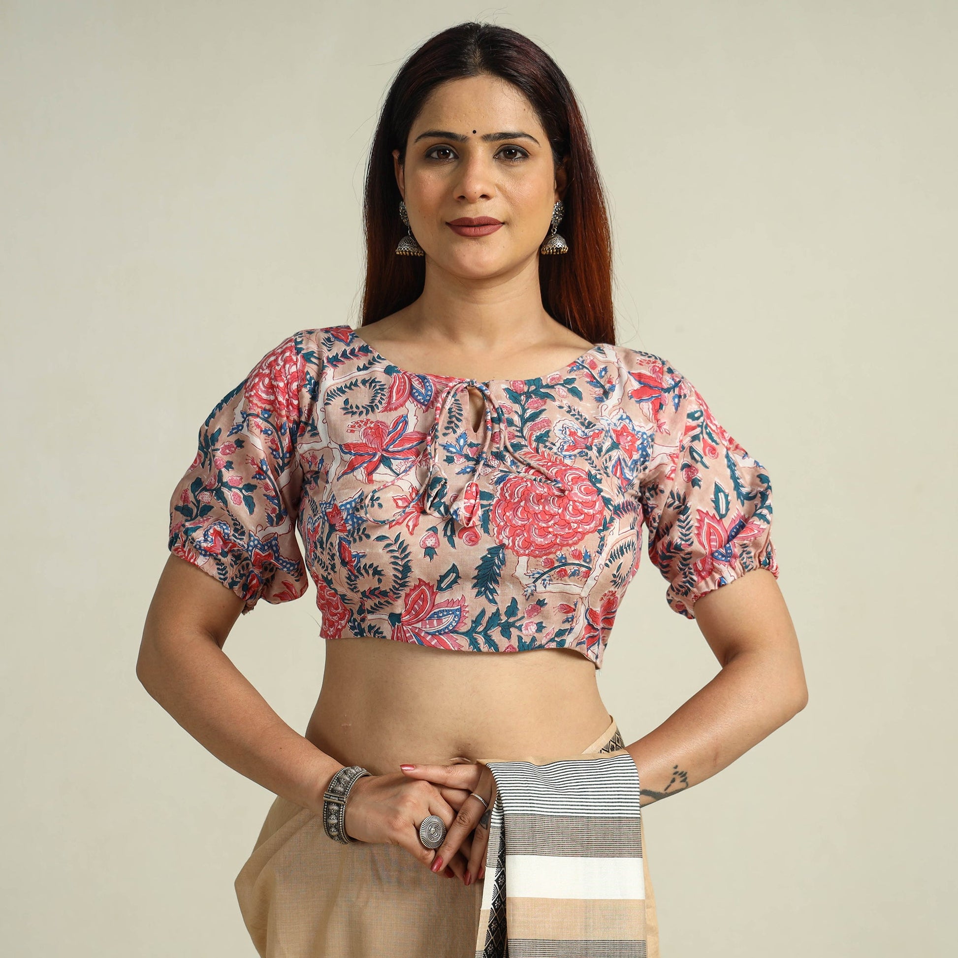 Beige - Sanganeri Block Printed Cotton Stitched Blouse 07