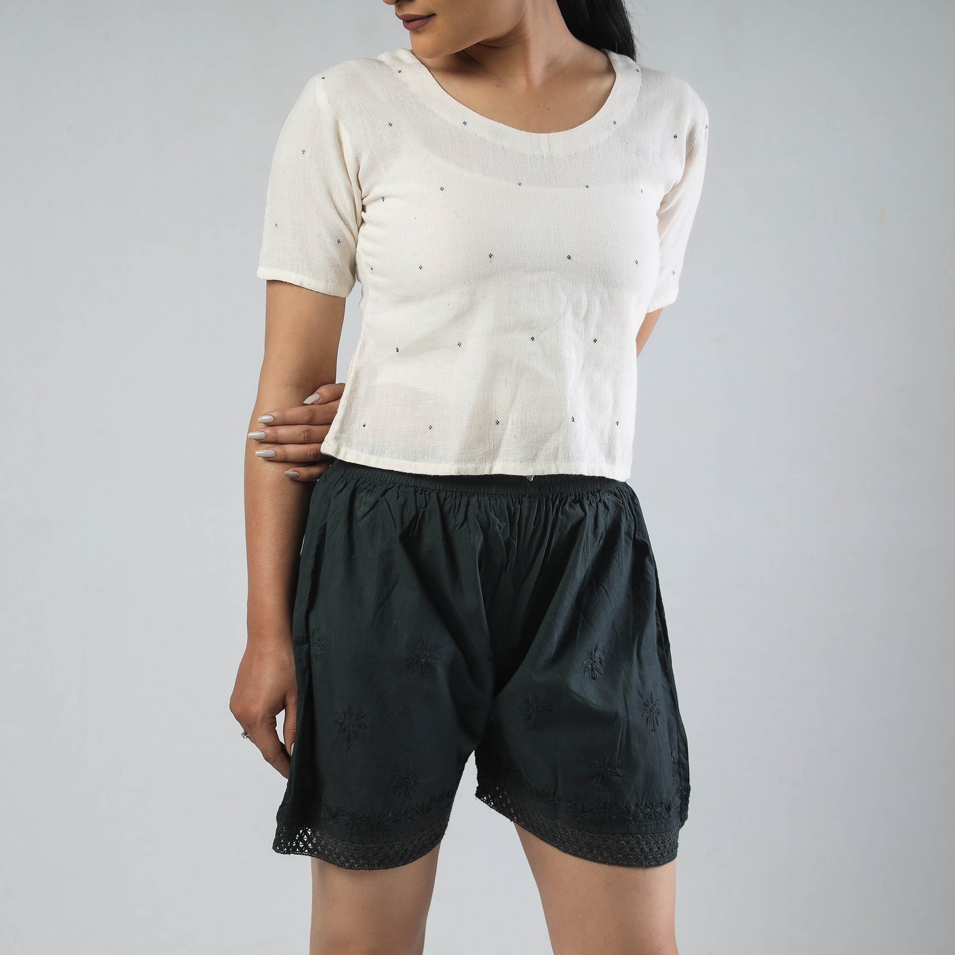Black - Chikankari Hand Embroidered Cotton Short