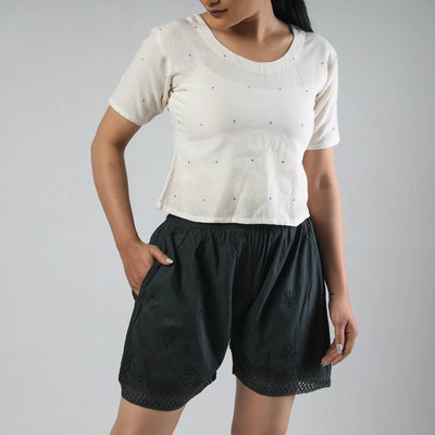 Black - Chikankari Hand Embroidered Cotton Short