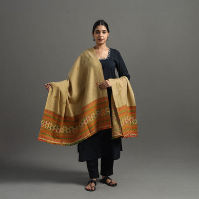 Beige - Kutch Handwoven Mirror Work Woollen Shawl 24