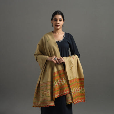 Beige - Kutch Handwoven Mirror Work Woollen Shawl 24