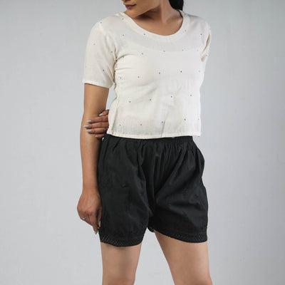 Black - Chikankari Hand Embroidered Cotton Short