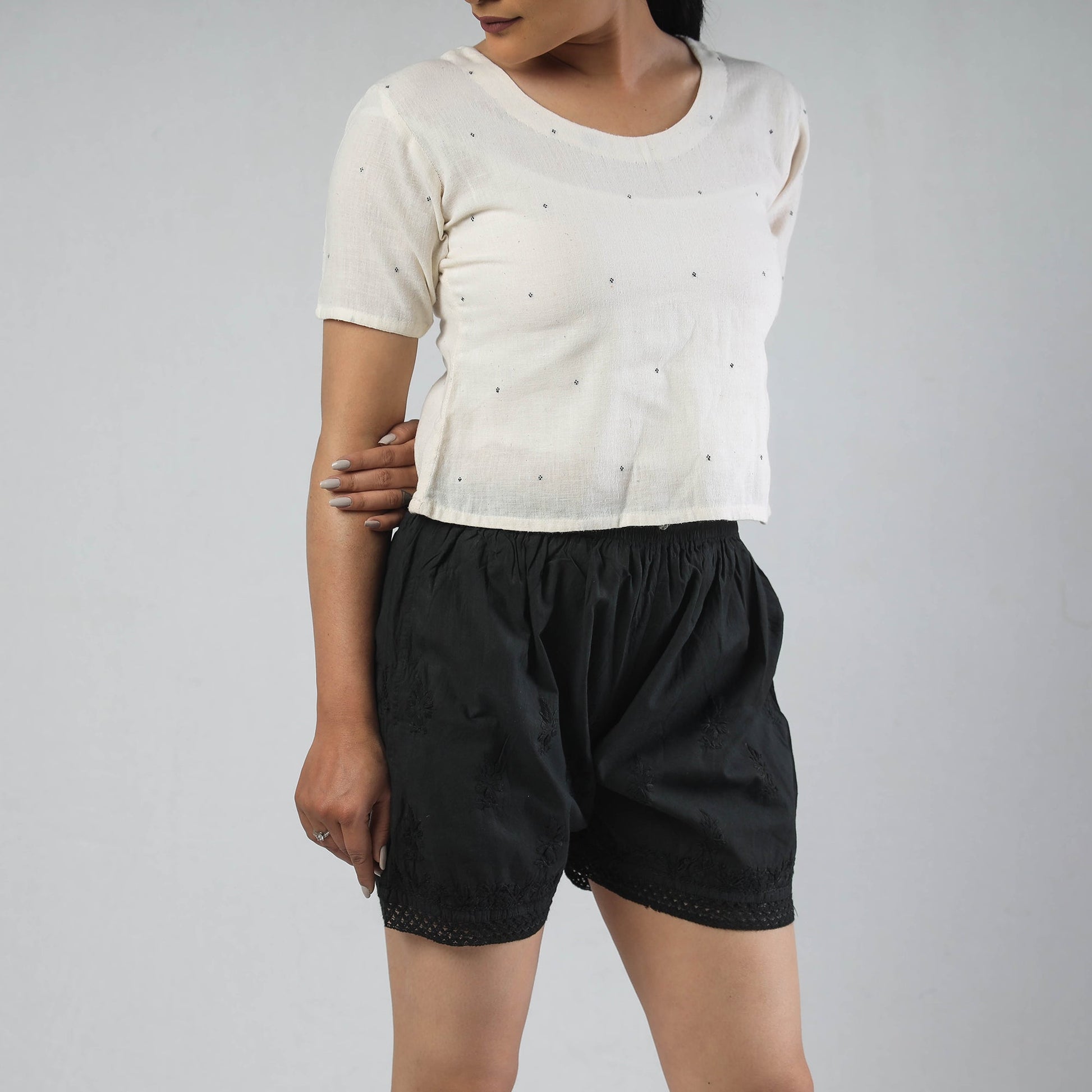 Black - Chikankari Hand Embroidered Cotton Short