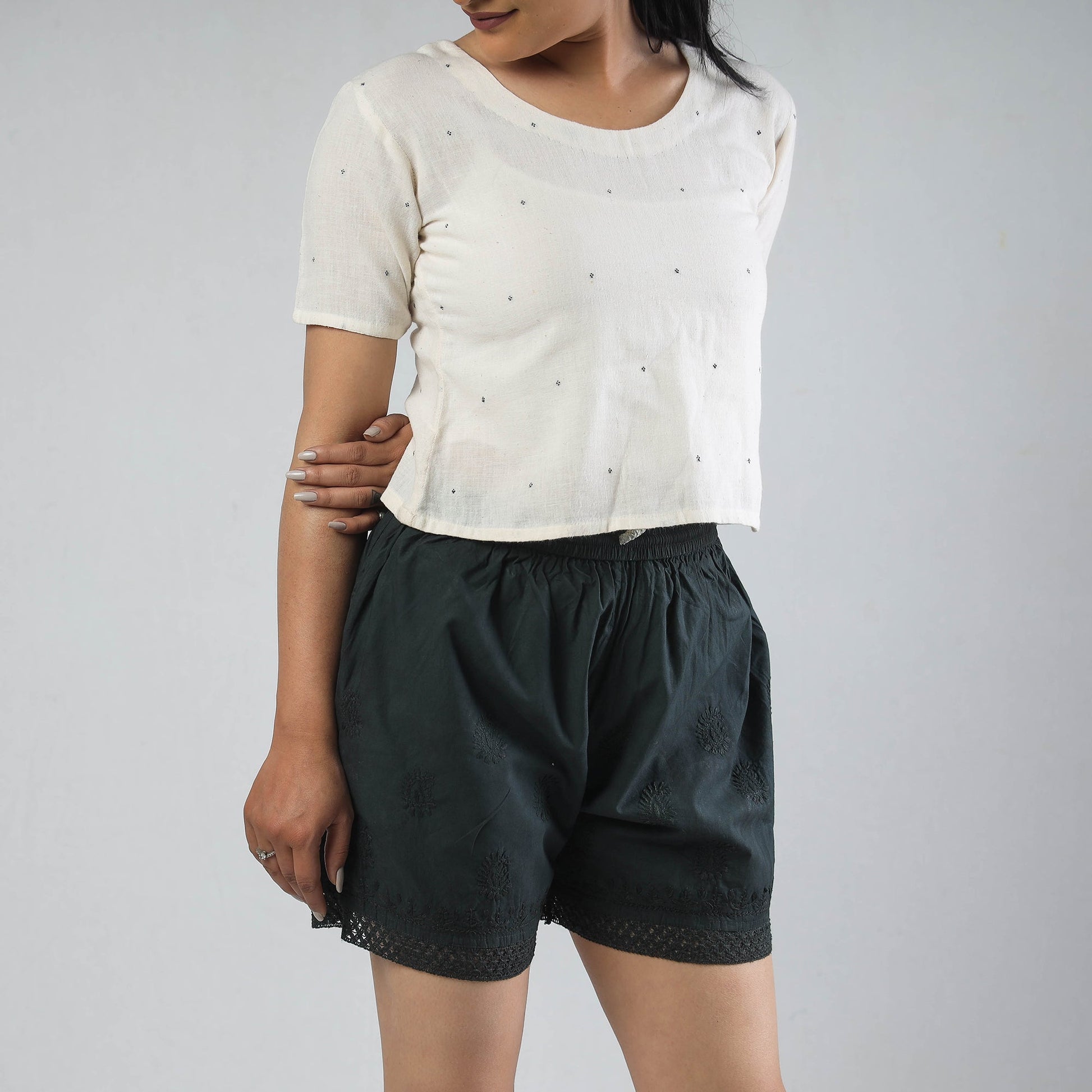 Black - Chikankari Hand Embroidered Cotton Short