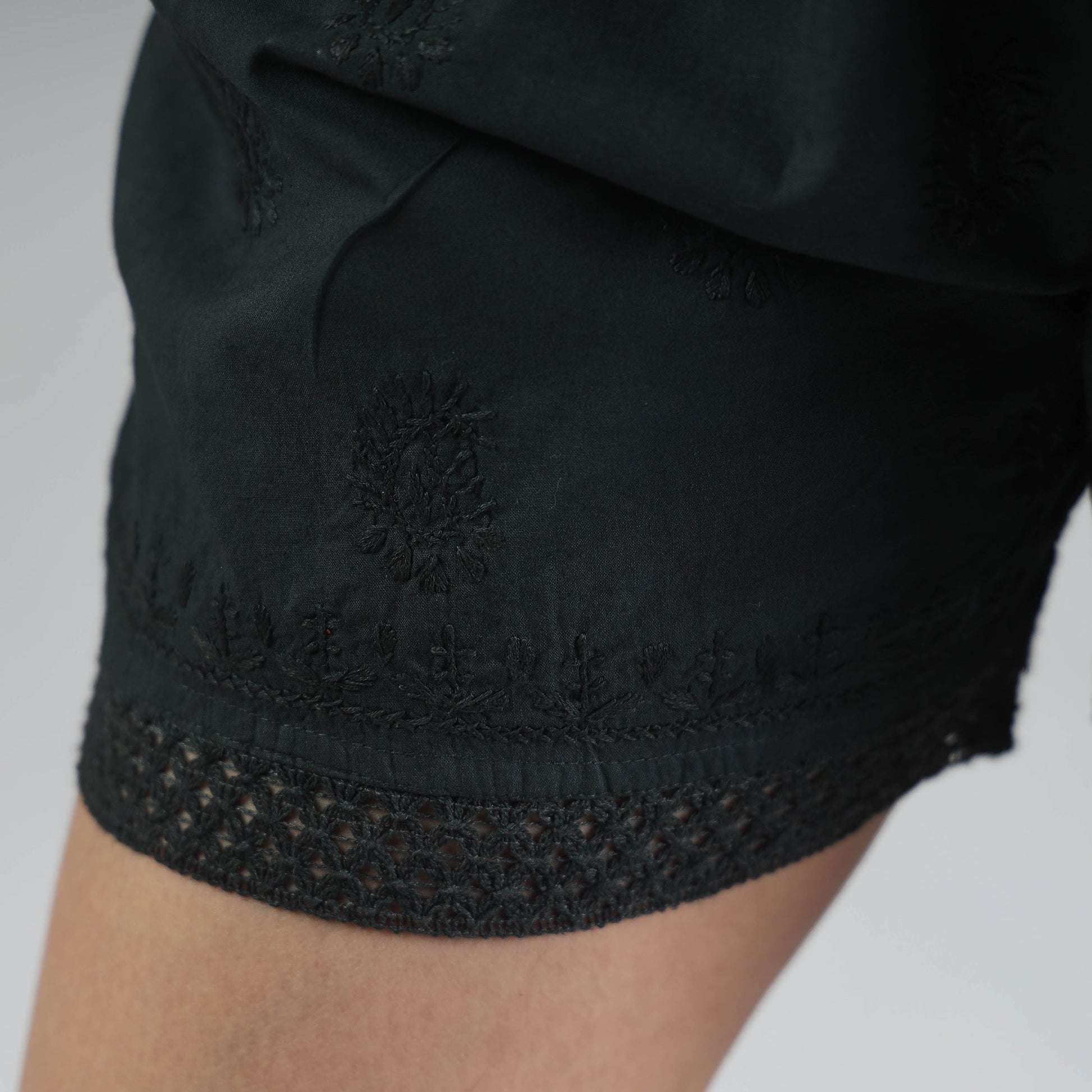 Black - Chikankari Hand Embroidered Cotton Short