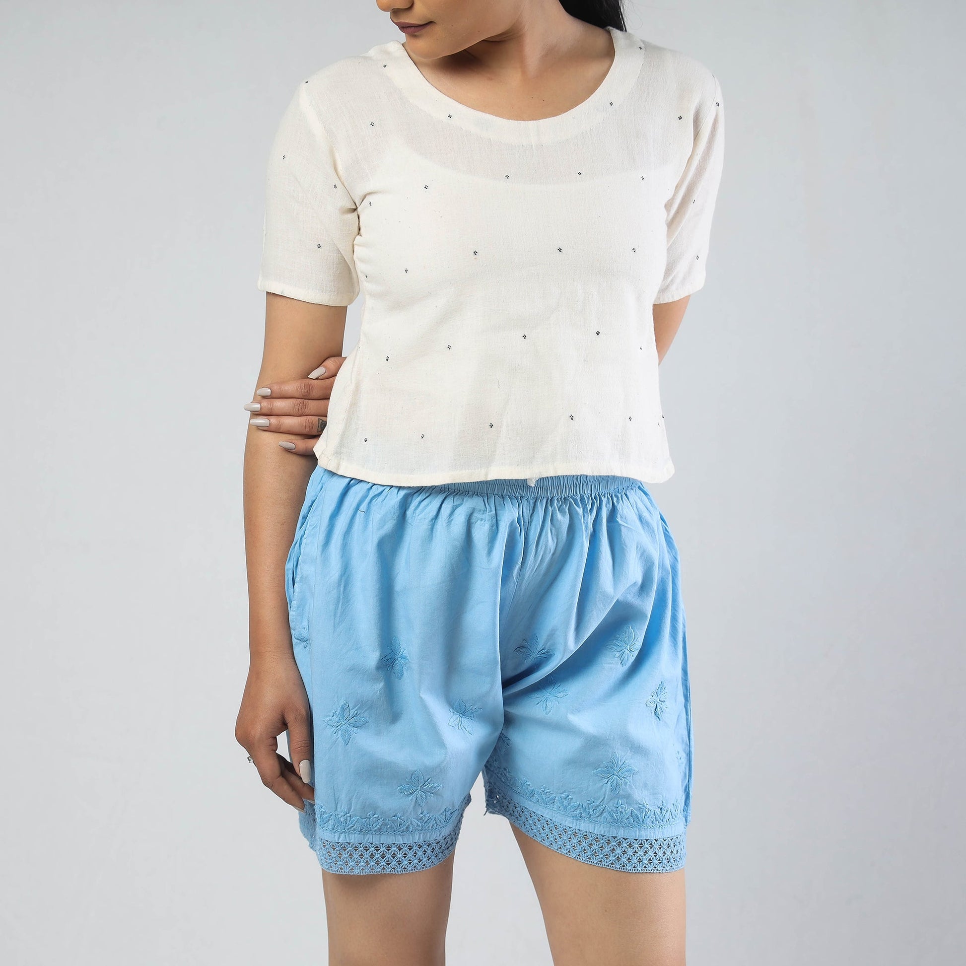 Blue - Chikankari Hand Embroidered Cotton Short