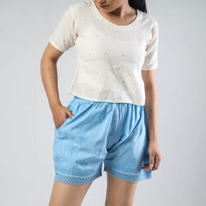 Blue - Chikankari Hand Embroidered Cotton Short
