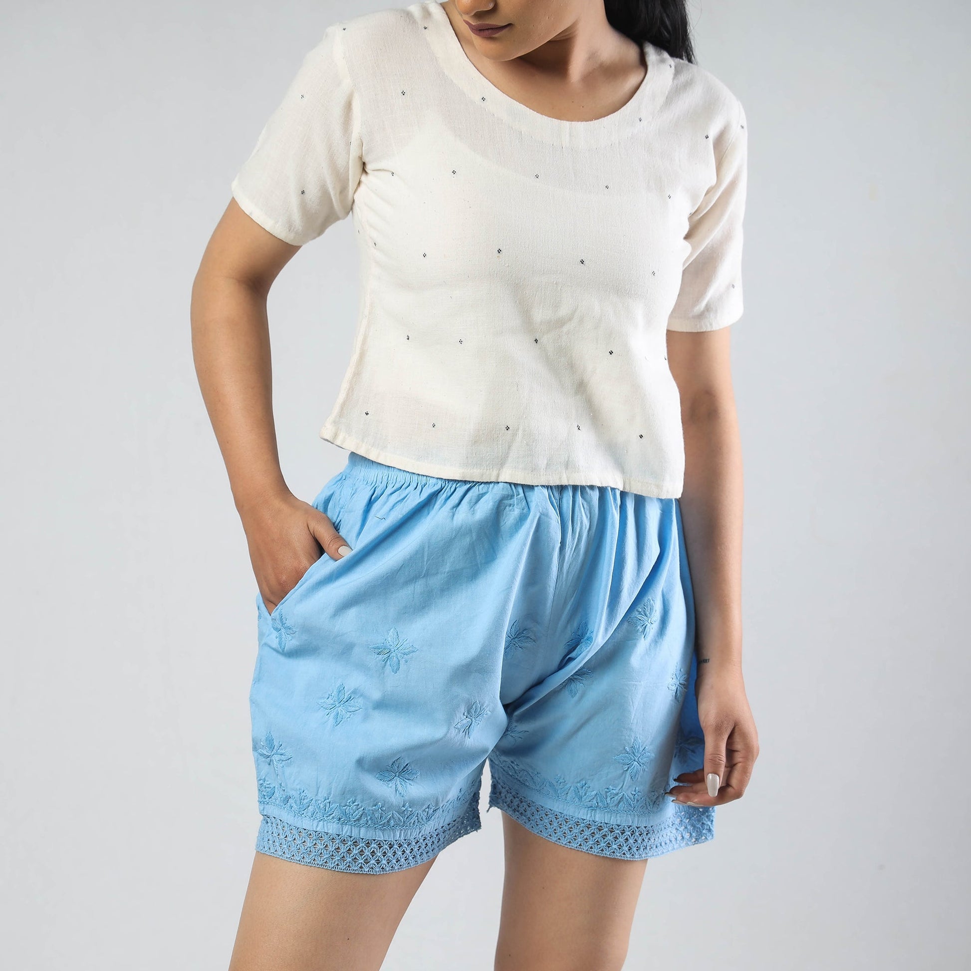 Blue - Chikankari Hand Embroidered Cotton Short