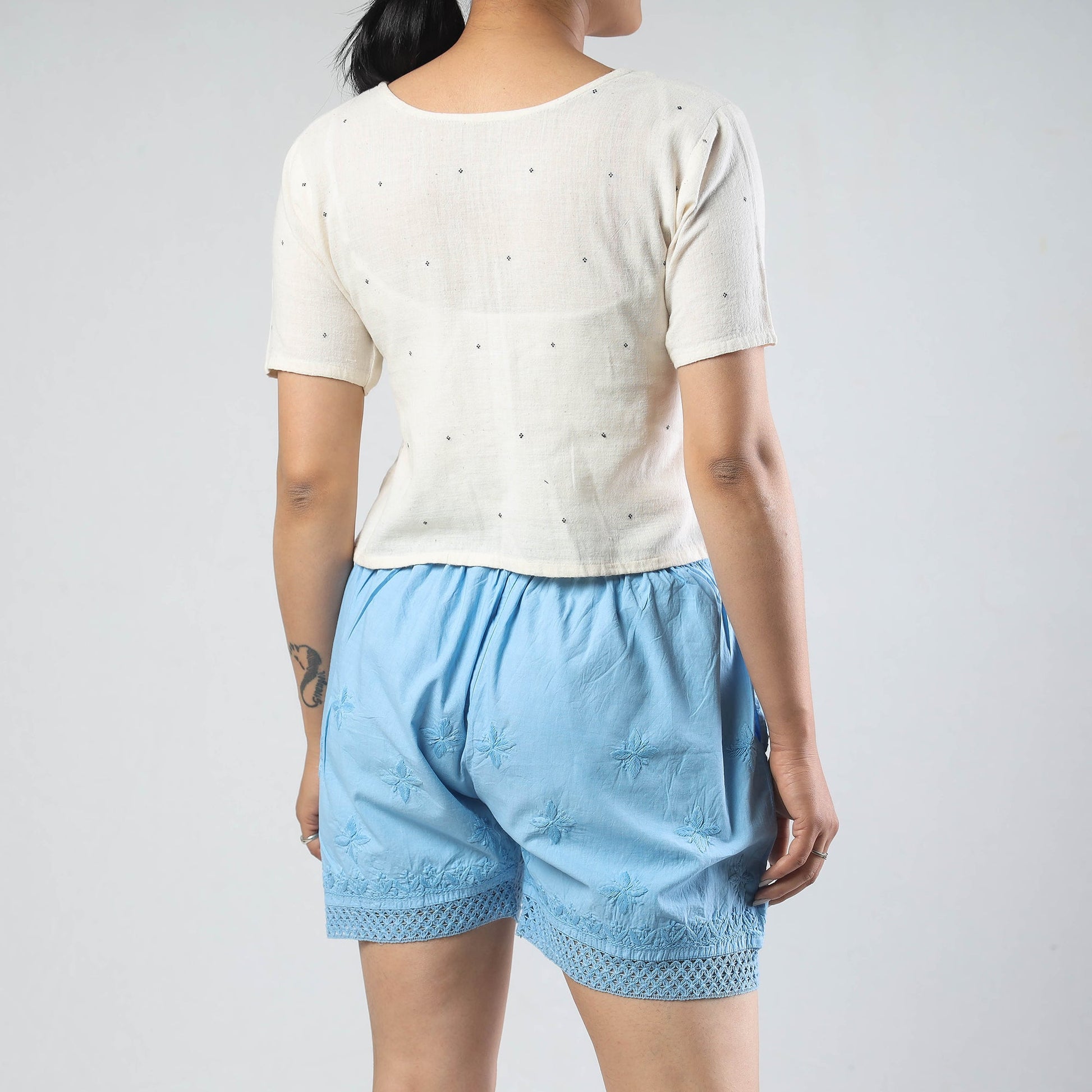Blue - Chikankari Hand Embroidered Cotton Short