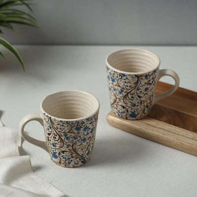 Beige - Ceramic Flower Printed Mugs (Set of 2)