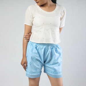 Blue - Chikankari Hand Embroidered Cotton Short
