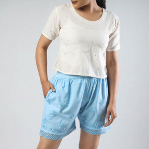 Blue - Chikankari Hand Embroidered Cotton Short