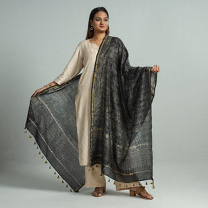Black - Block Print Chanderi Silk Handloom Ajrakh Dupatta 37