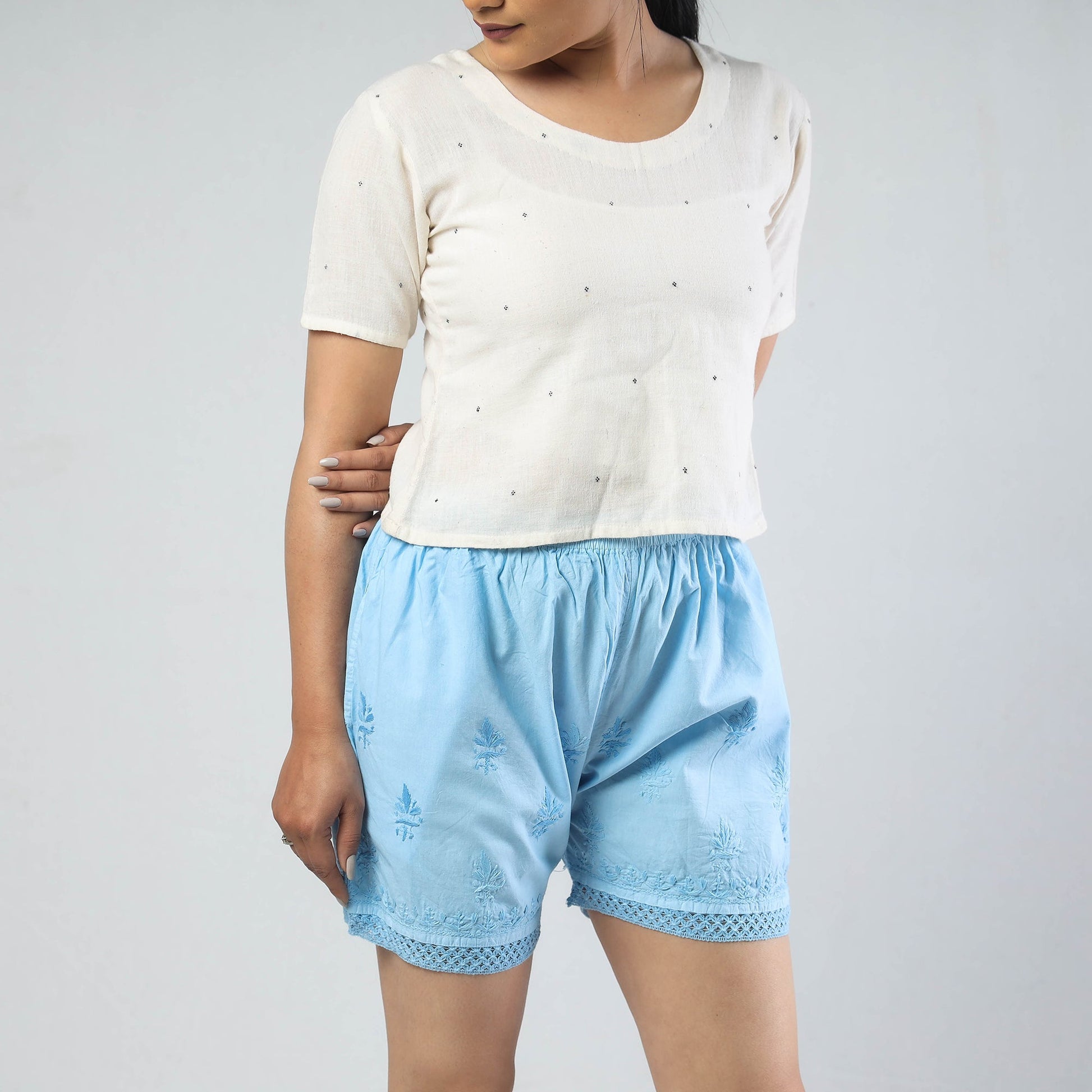 Blue - Chikankari Hand Embroidered Cotton Short