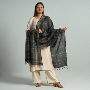 Black - Block Print Chanderi Silk Handloom Ajrakh Dupatta 37