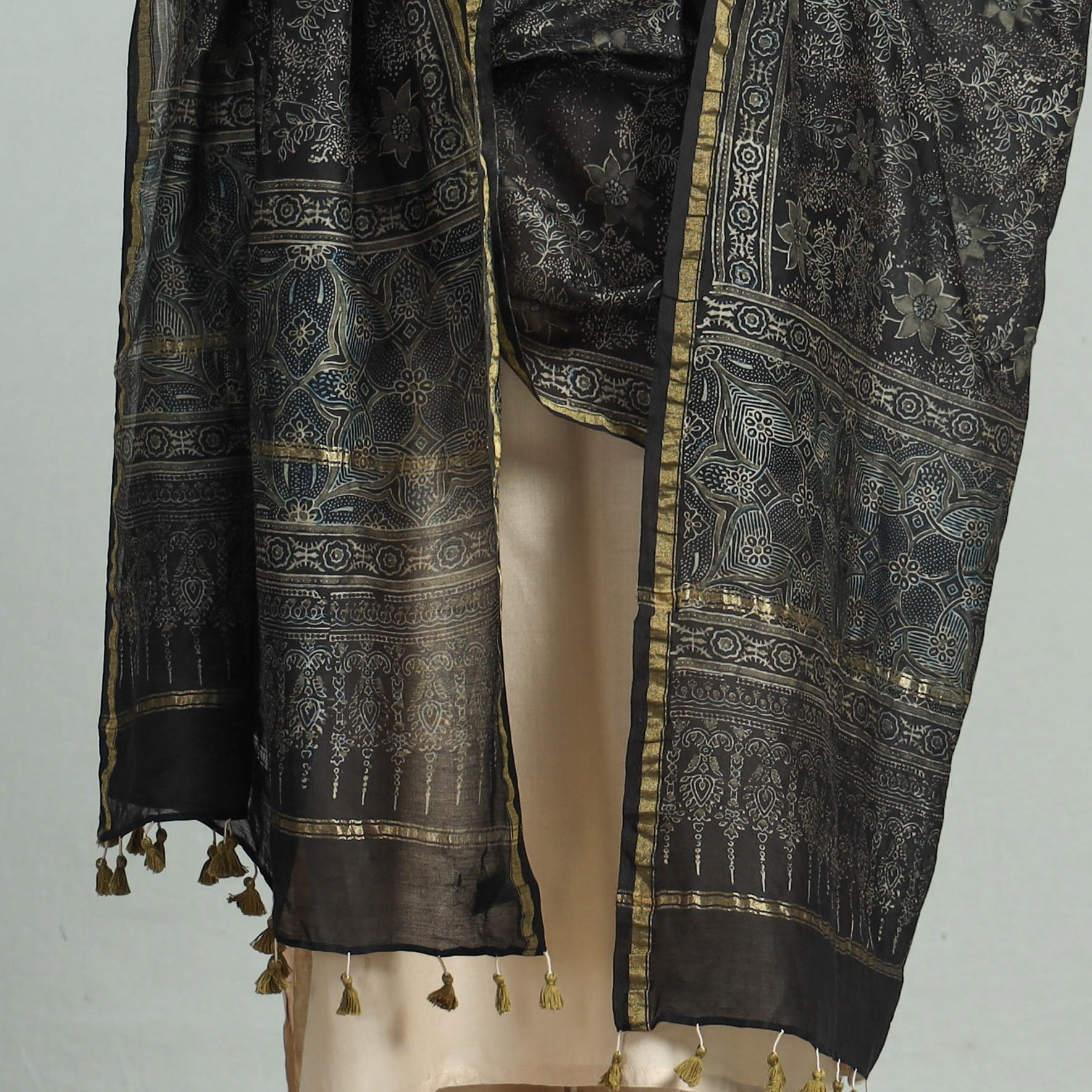 Black - Block Print Chanderi Silk Handloom Ajrakh Dupatta 37