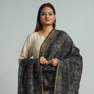 Black - Block Print Chanderi Silk Handloom Ajrakh Dupatta 37